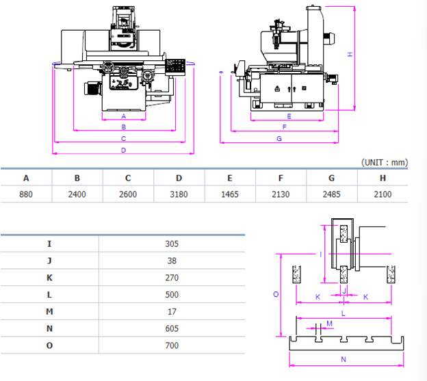 kích thước một số bộ phận trong máy mài phẳng tự động 3 trục thủy lực dae san dgs-650a