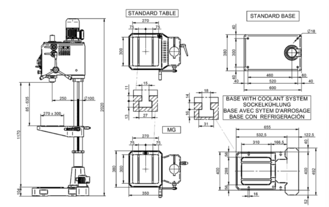 kích thước các bộ phận trong máy khoan đứng erlo group g series 