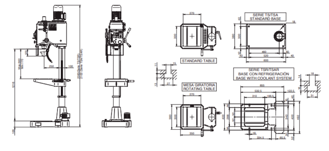 kích thước các chi tiết trong máy khoan đứng erlo group ts series
