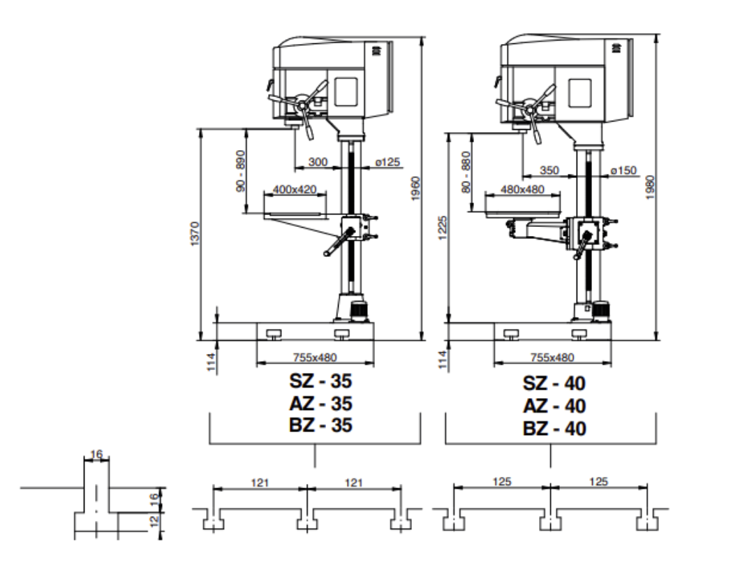 kích thước một số bộ phận trong máy khoan đứng erlo group z series 