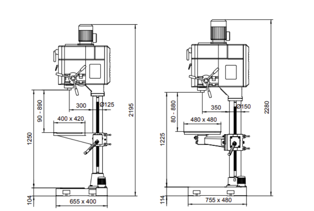 kích thước các bộ phận trong máy khoan đứng erlo group gp series 