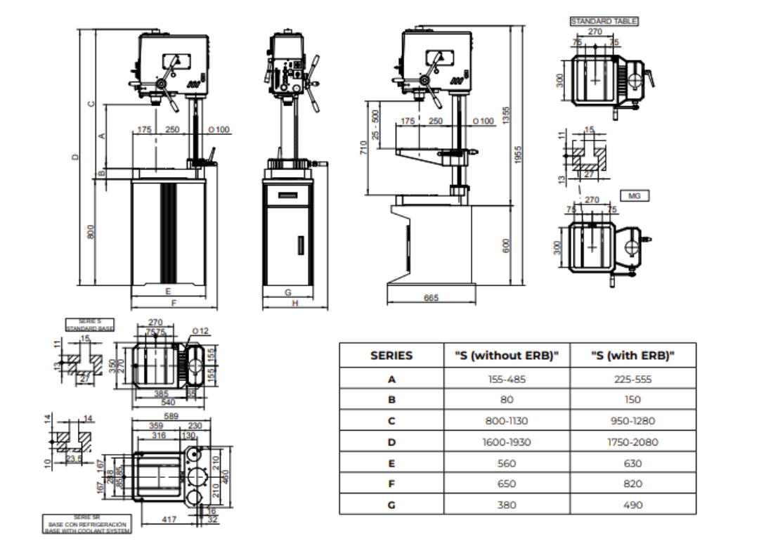 kích thước một số bộ phận máy khoan bàn erlo group s series