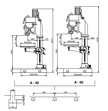 Kích thước một số bộ phận ở máy khoan đứng ERLO GROUP A series 