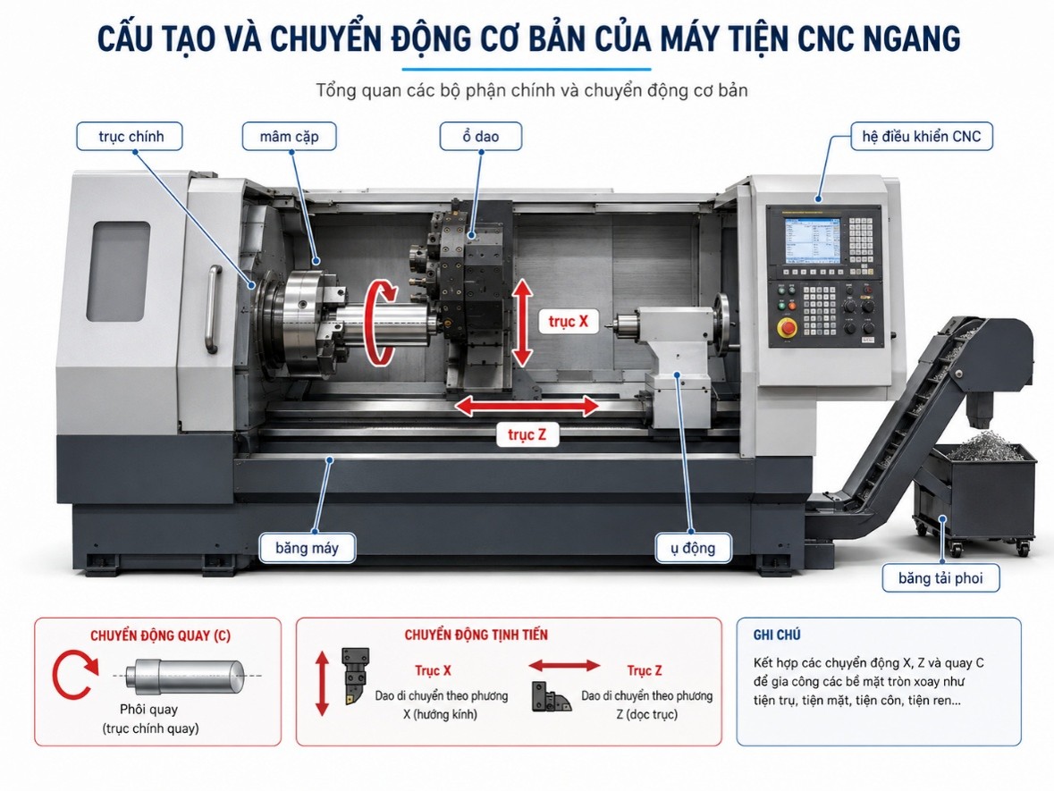 Cấu tạo và chuyển động cơ bản của máy tiện CNC ngang