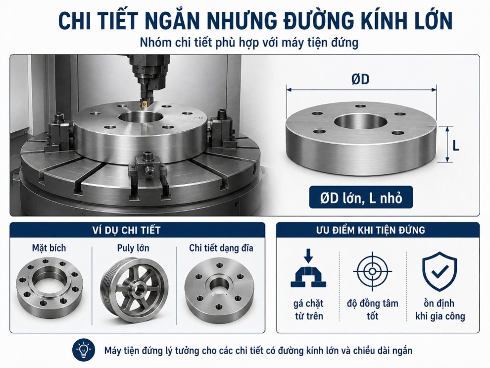 Chi tiết ngắn nhưng đường kính lớn sẽ phù hợp với máy tiện đứng