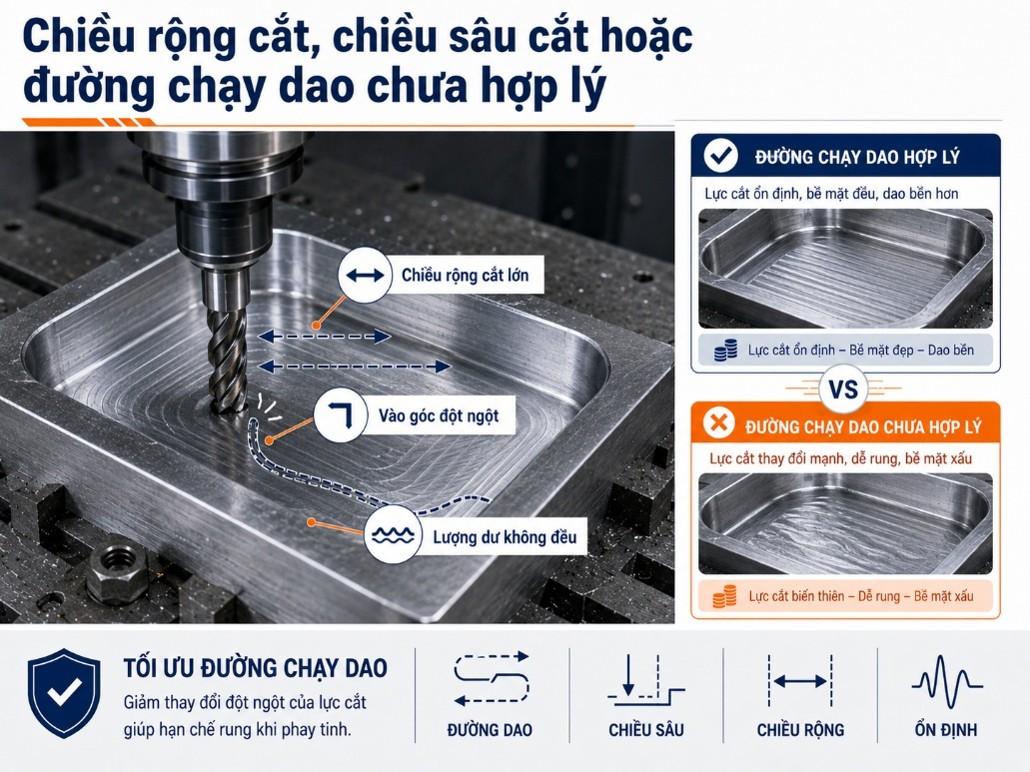Chiều rộng cắt, chiều sâu cắt hoặc đường chạy dao chưa hợp lý