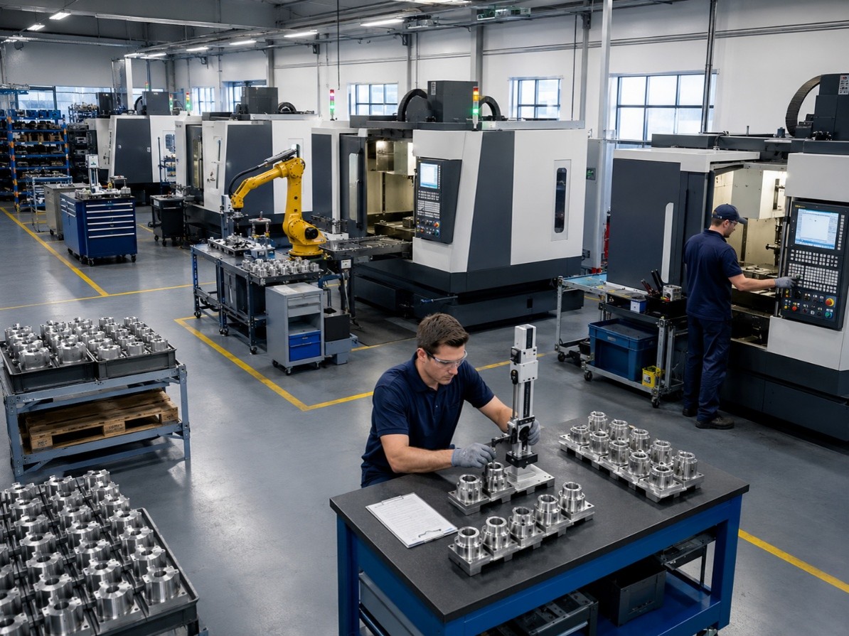 Cụm sản xuất CNC với robot cấp phôi và kiểm soát chất lượng theo lô