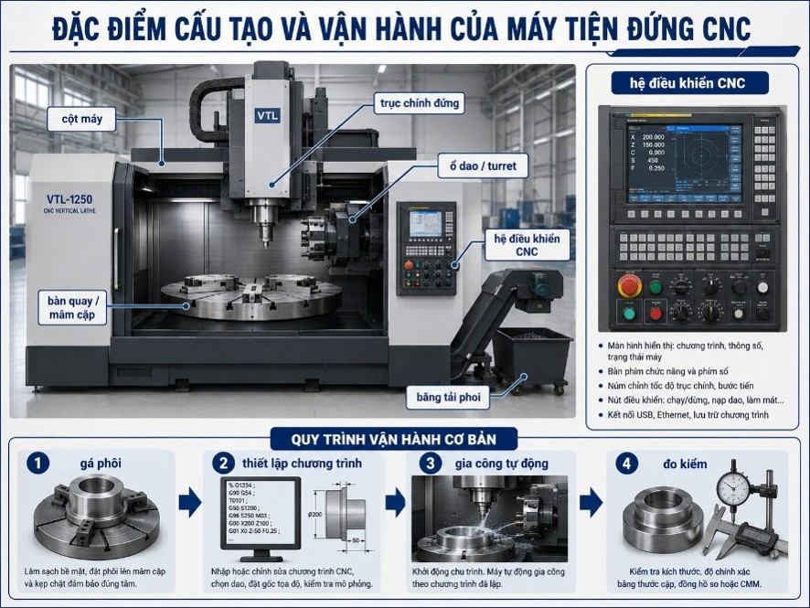 Đặc điểm vận hành của máy tiện đứng CNC