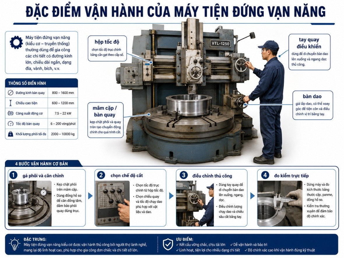 Đặc điểm vận hành của máy tiện đứng vạn năng