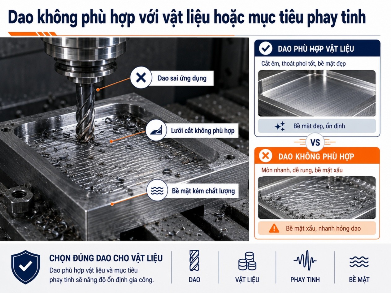 Dao không phù hợp với vật liệu hoặc mục tiêu phay tinh