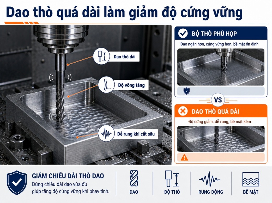 Dao thò quá dài làm giảm độ cứng vững