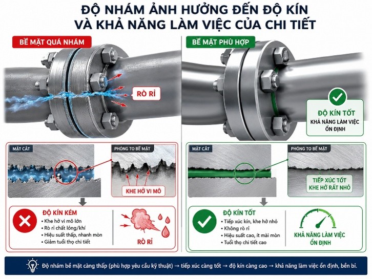 Độ nhám ảnh hưởng đến độ kín và khả năng làm việc của chi tiết