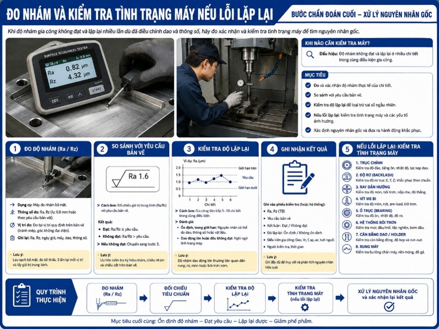 Đo nhám và kiểm tra tình trạng máy nếu lỗi lặp lại