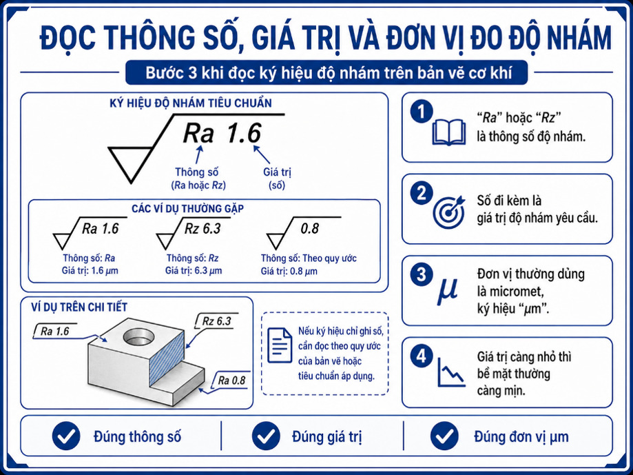 Đọc thông số, giá trị và đơn vị đo độ nhám