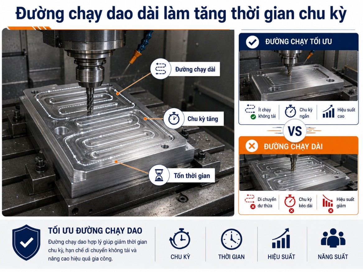 Đường chạy dao dài làm tăng thời gian chu kỳ
