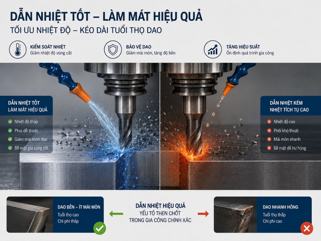 Khả năng dẫn nhiệt ảnh hưởng đến làm mát và tuổi dao