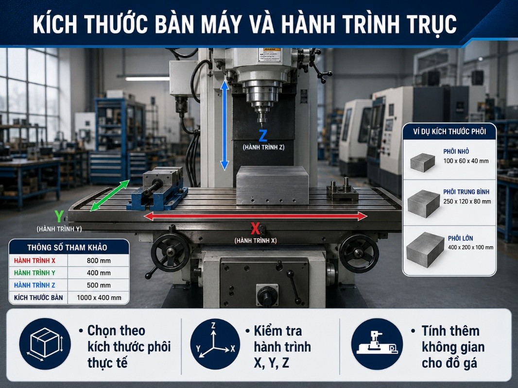 Kích thước bàn máy và hành trình trục