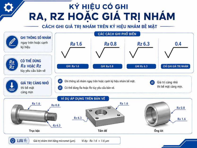 Ký hiệu có ghi Ra, Rz hoặc giá trị nhám