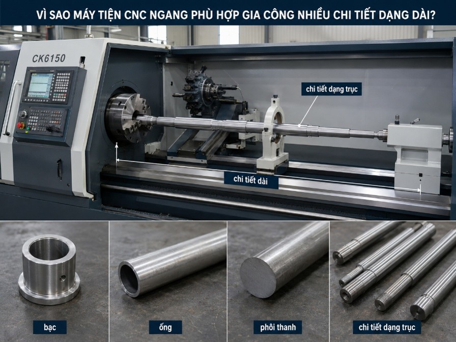 Máy tiện CNC ngang phù hợp gia công nhiều chi tiết dạng dài