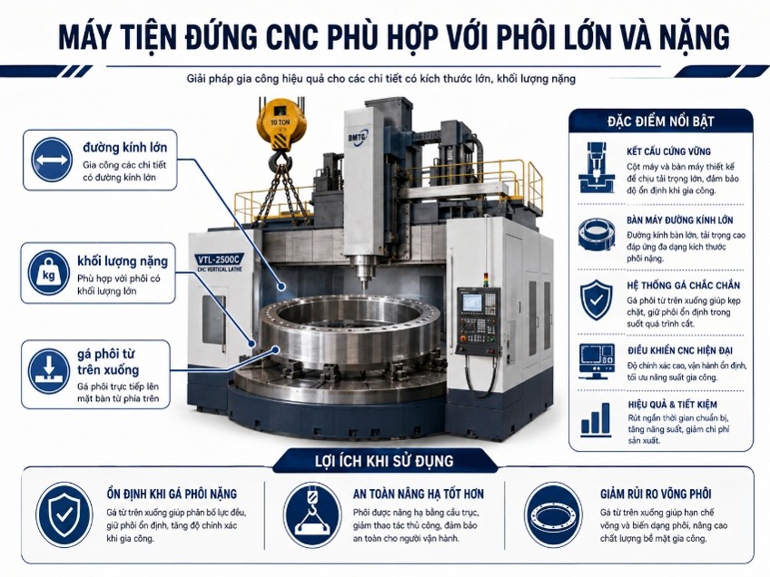 Máy tiện đứng CNC phù hợp với phôi lớn và nặng