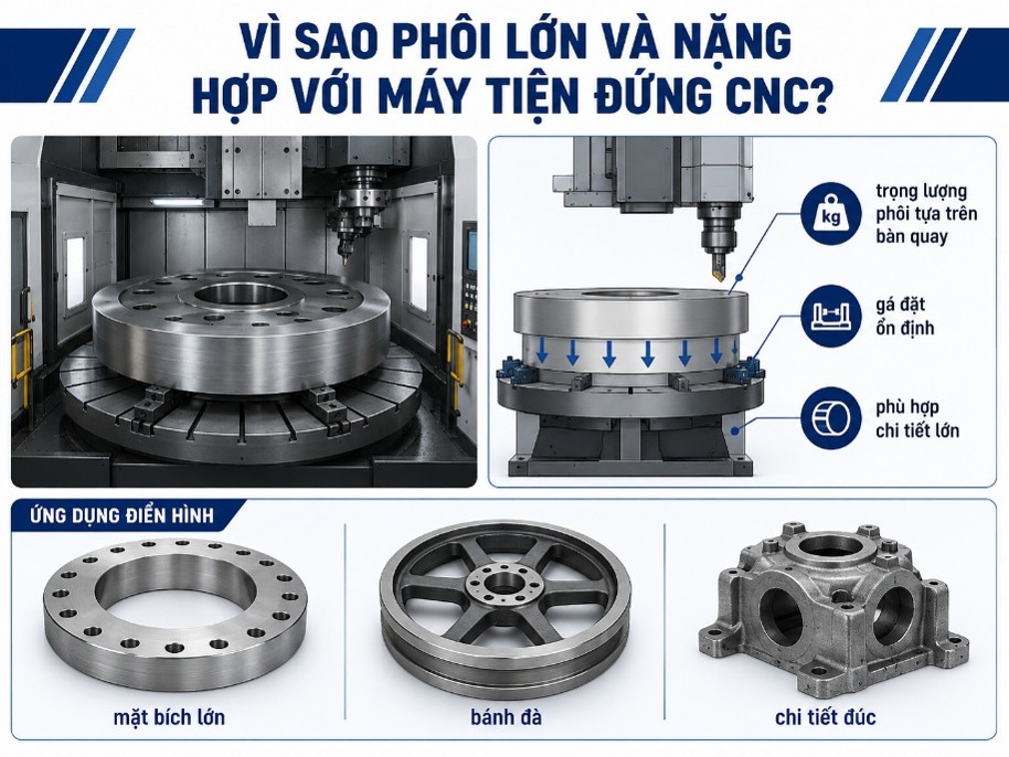 Máy tiện đứng CNC phù hợp với phôi lớn và nặng