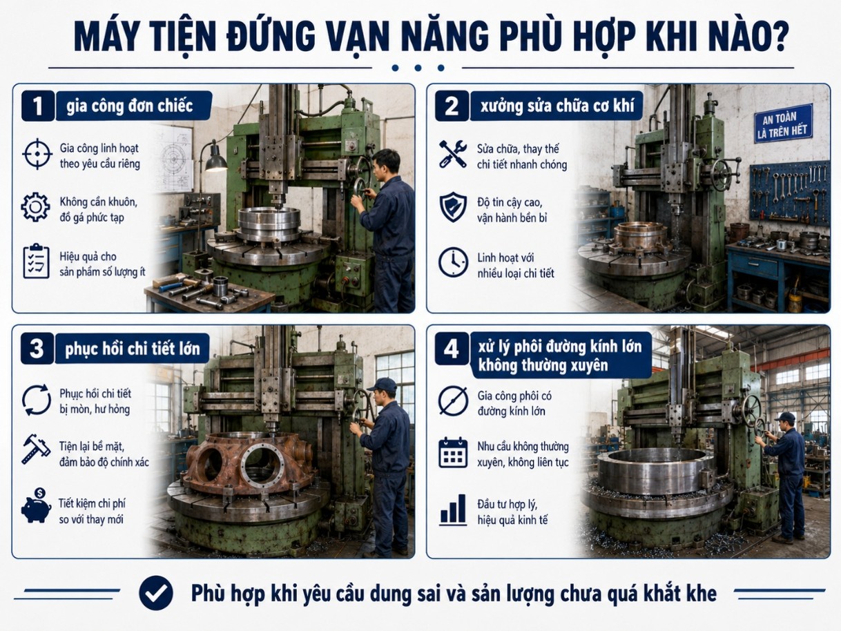 Máy tiện đứng vạn năng phù hợp khi nào