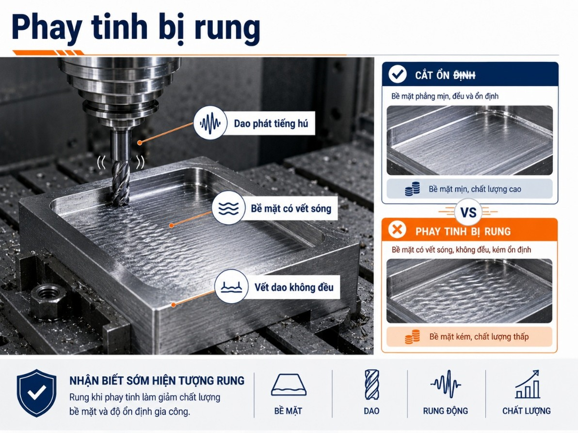 Phay tinh bị rung: Dao phát tiếng hú, bề mặt có vết sóng
