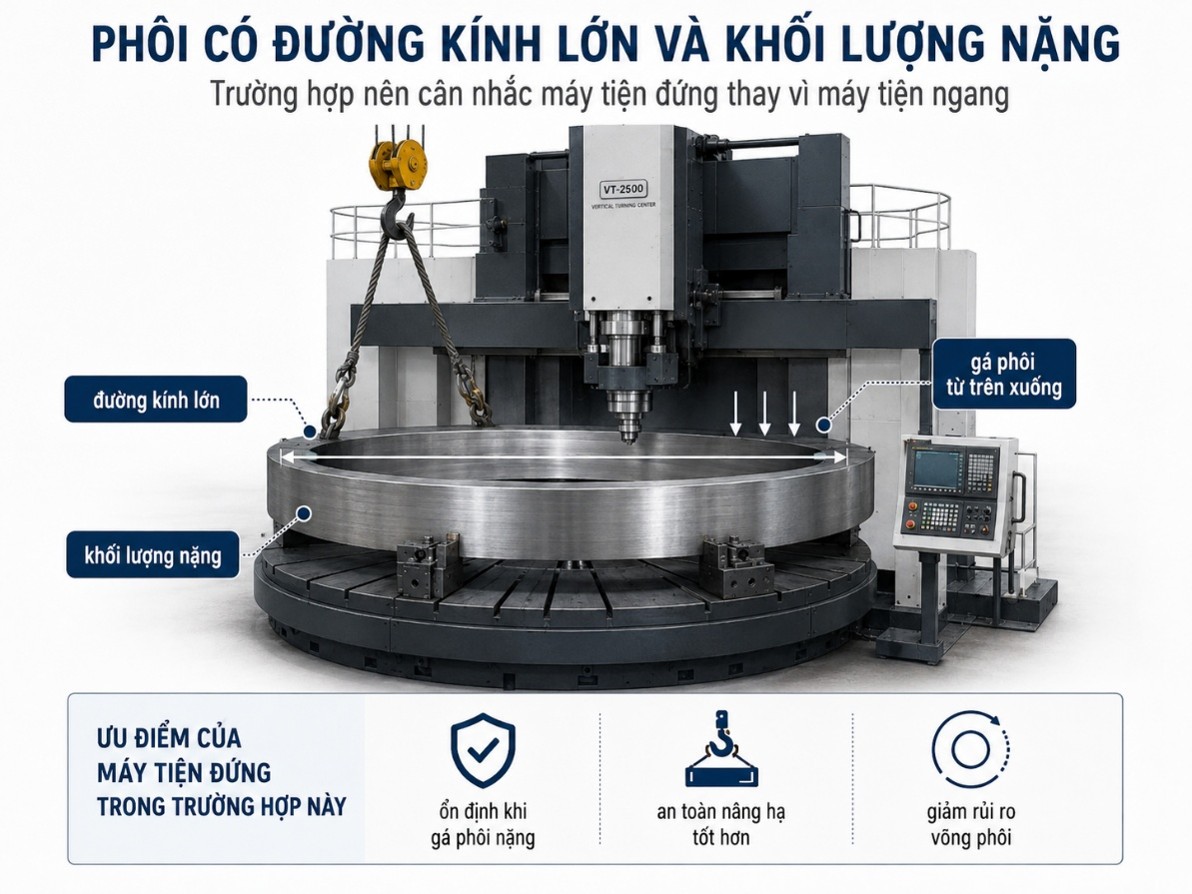 Phôi có đường kính lớn và khối lượng nặng sẽ phù hợp để xử lý bằng máy tiện đứng
