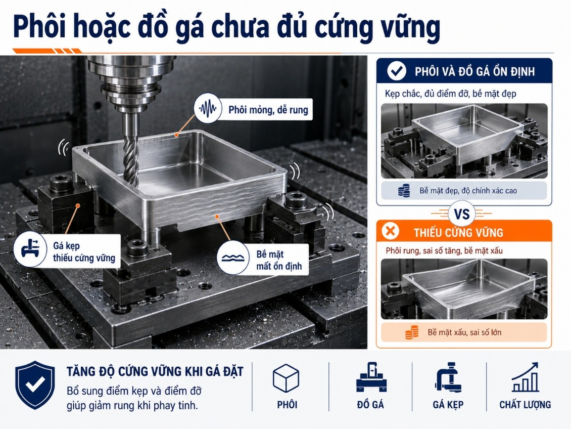 Phôi hoặc đồ gá chưa đủ cứng vững