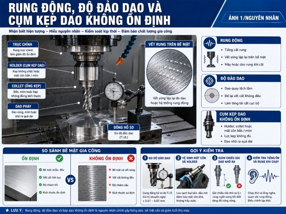 Rung động, độ đảo dao và cụm kẹp dao không ổn định