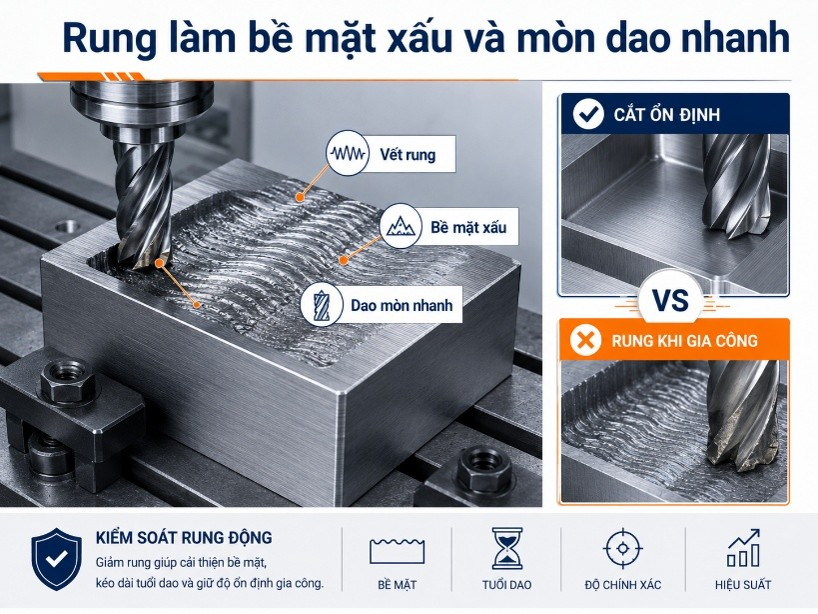 Rung làm bề mặt xấu và mòn dao nhanh