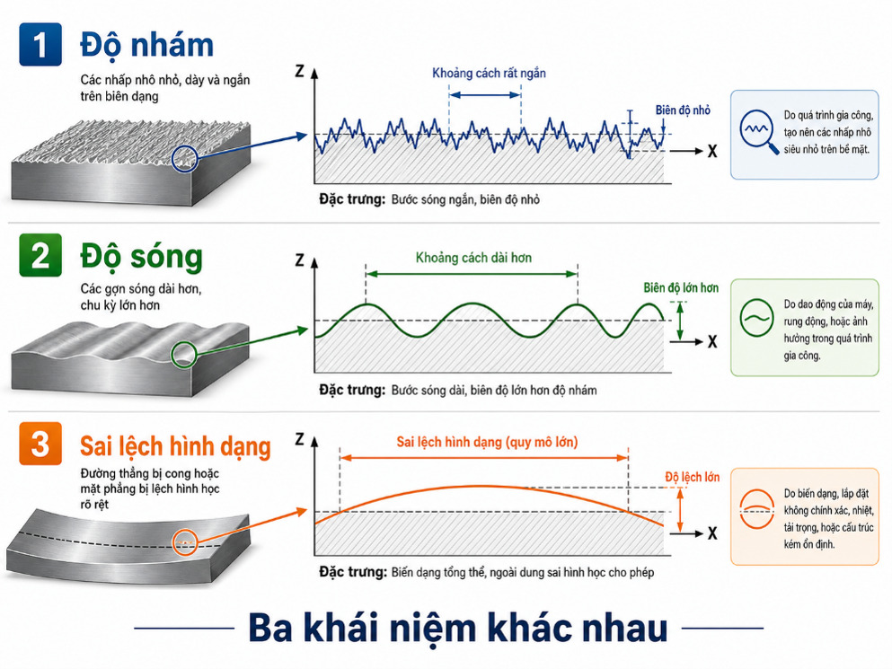 So sánh độ nhám, độ song và sai lệch hình dạng
