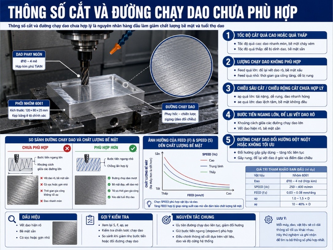 Thông số cắt và đường chạy dao chưa phù hợp