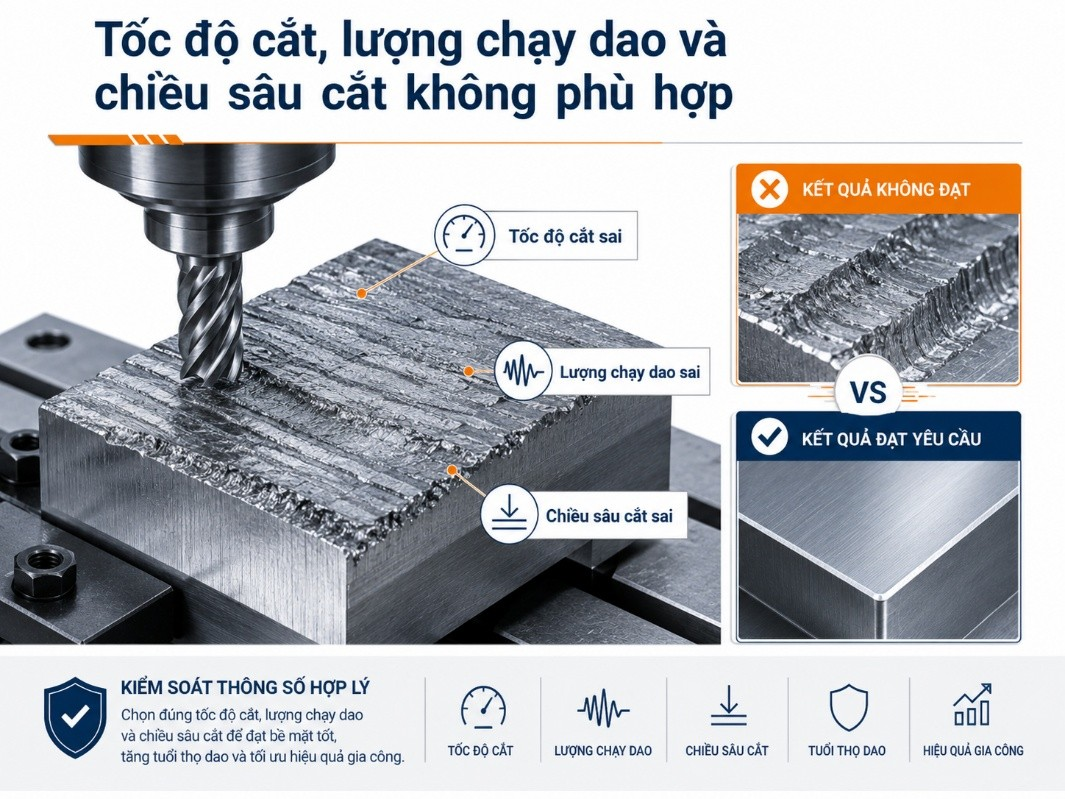 Tốc độ cắt, lượng chạy dao và chiều sâu cắt không phù hợp