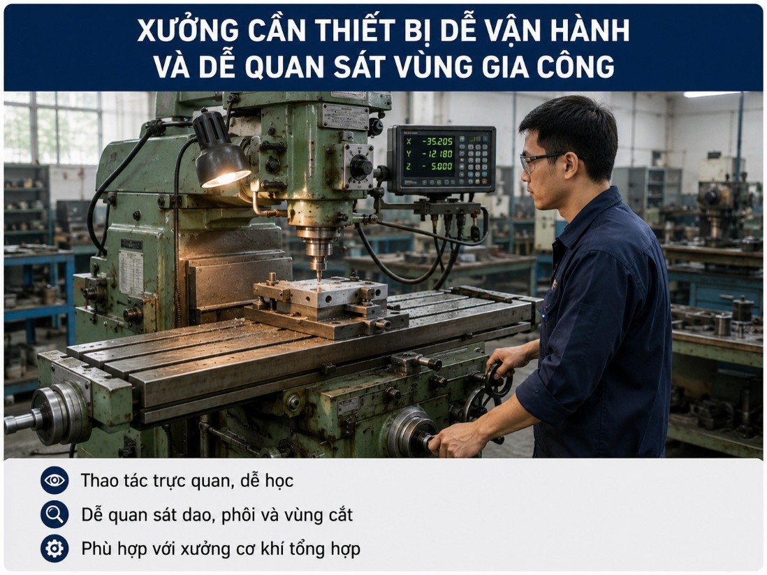 xưởng cần thiết bị dễ vận hành và dễ quan sát vùng gia công