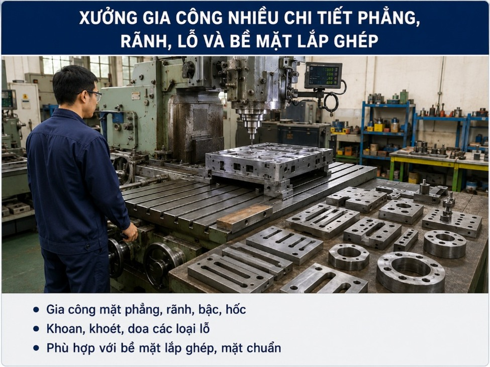 Xưởng gia công nhiều chi tiết phẳng, rãnh, lỗ và bề mặt lắp ghép