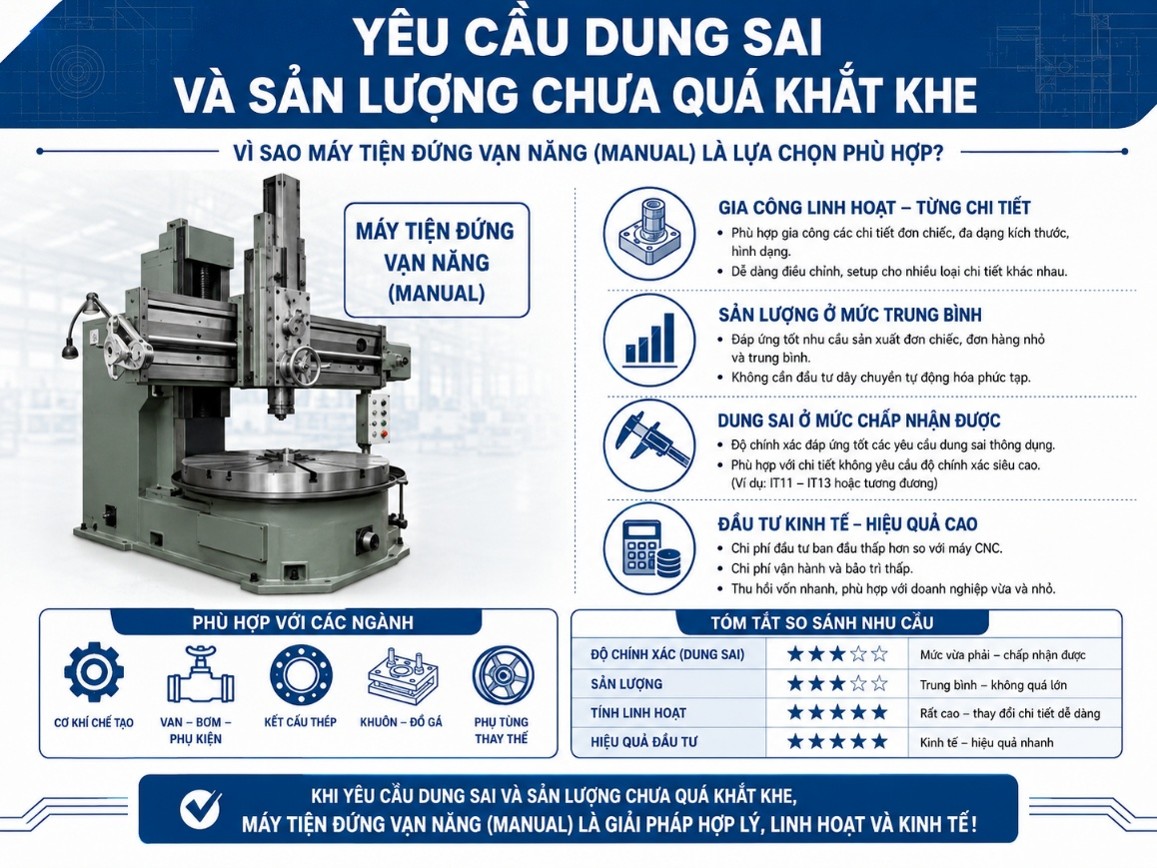 Yêu cầu dung sai và sản lượng chưa quá khắt khe có thể dùng máy tiện vạn năng